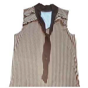 🛑 SOLD ‼️ WOMENS BLACK & NUDE SLEEVELESS BLOUSE w/ RUFFLED COLLAR + TIE